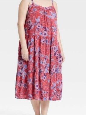 Knox Rose Red Floral Tiered Midi Sundress with Purple Blooms